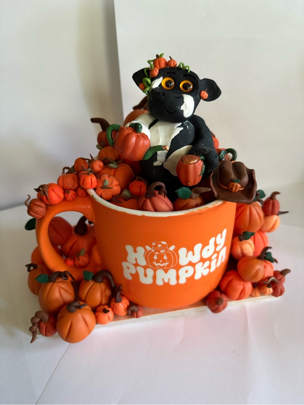 Howdy Pumpkin Orange Fall Cup Decor with Black Cow Figurine